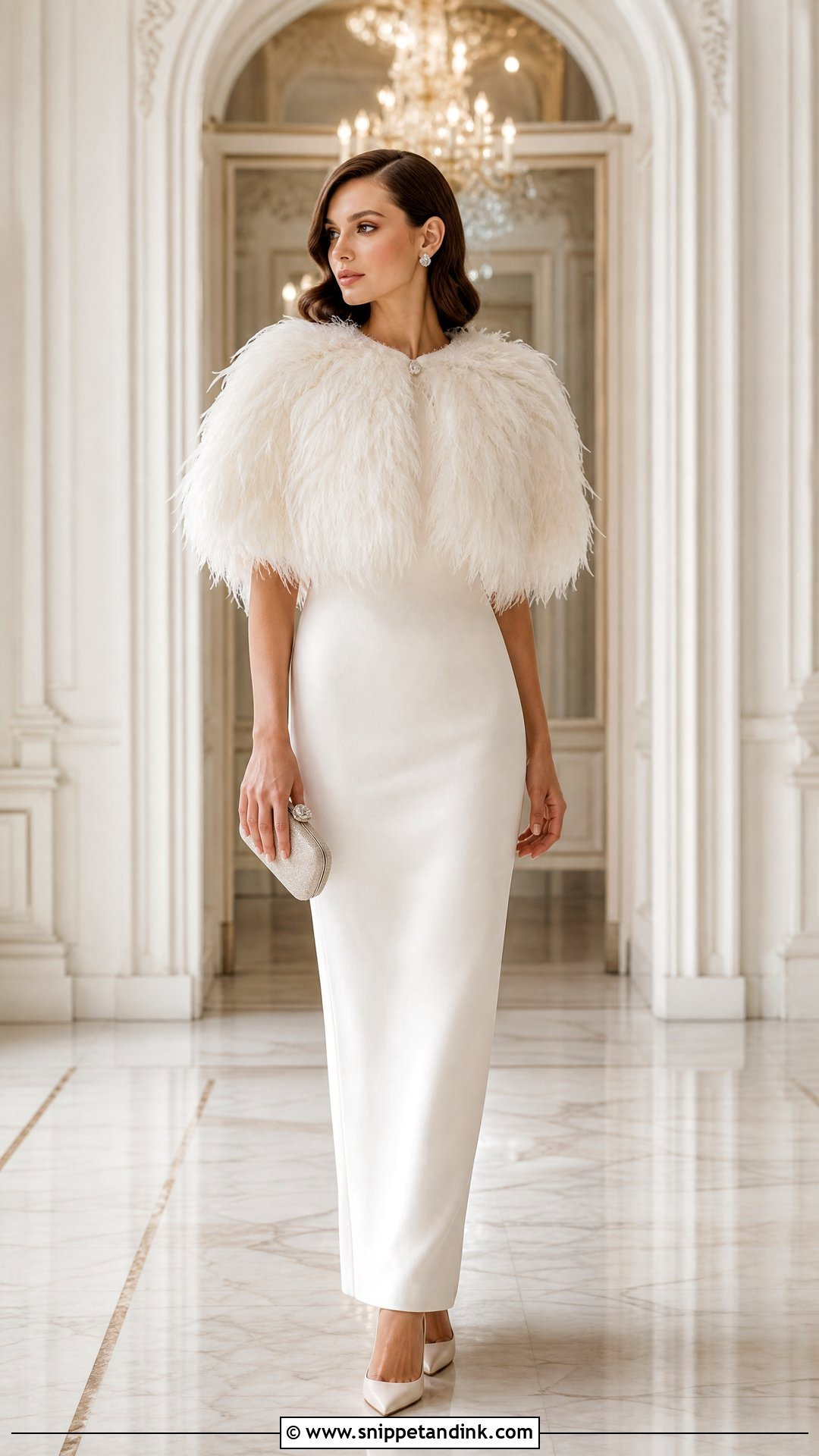 Feather Capelet With Fitted Winter Wedding Dress - Snippet and Ink - 25 Winter Wedding Dress Coverups Ideas
