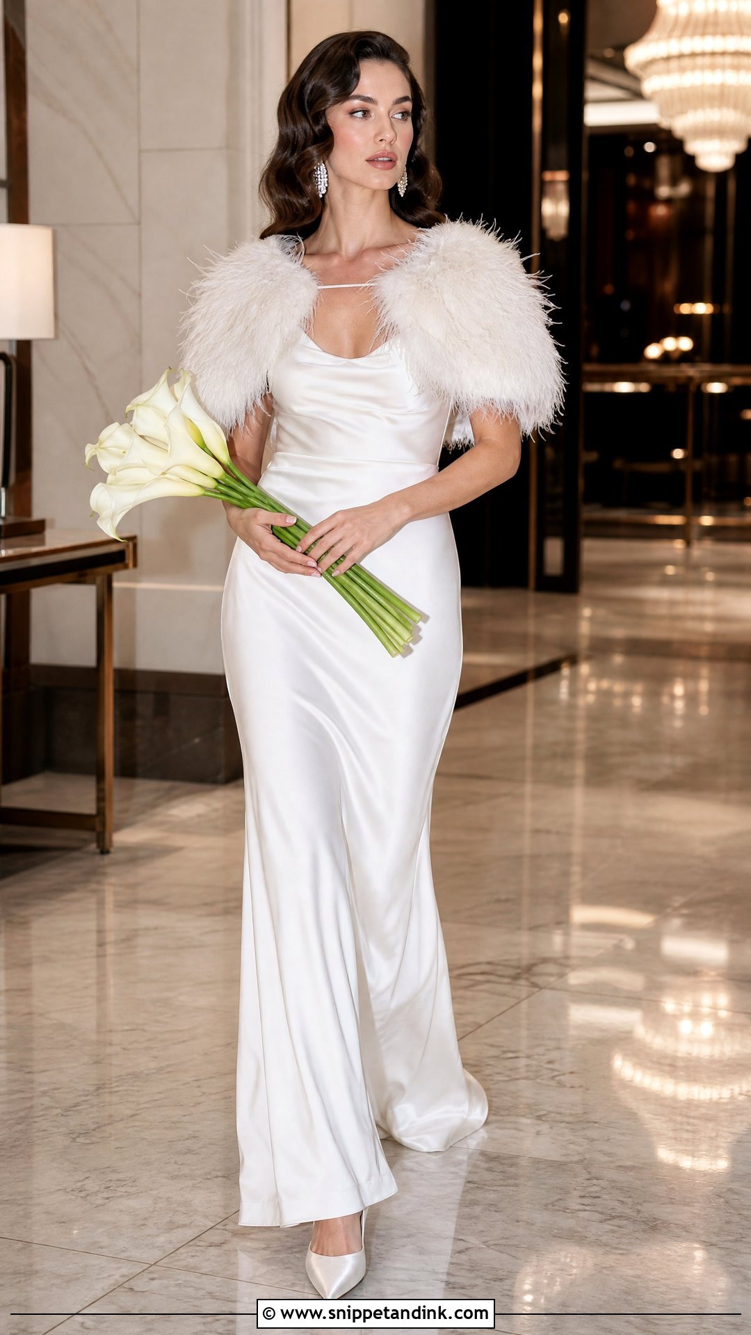 Feather Capelet With Slip Wedding Dress - Snippet and Ink - 20 Wedding Dress Capelet Ideas