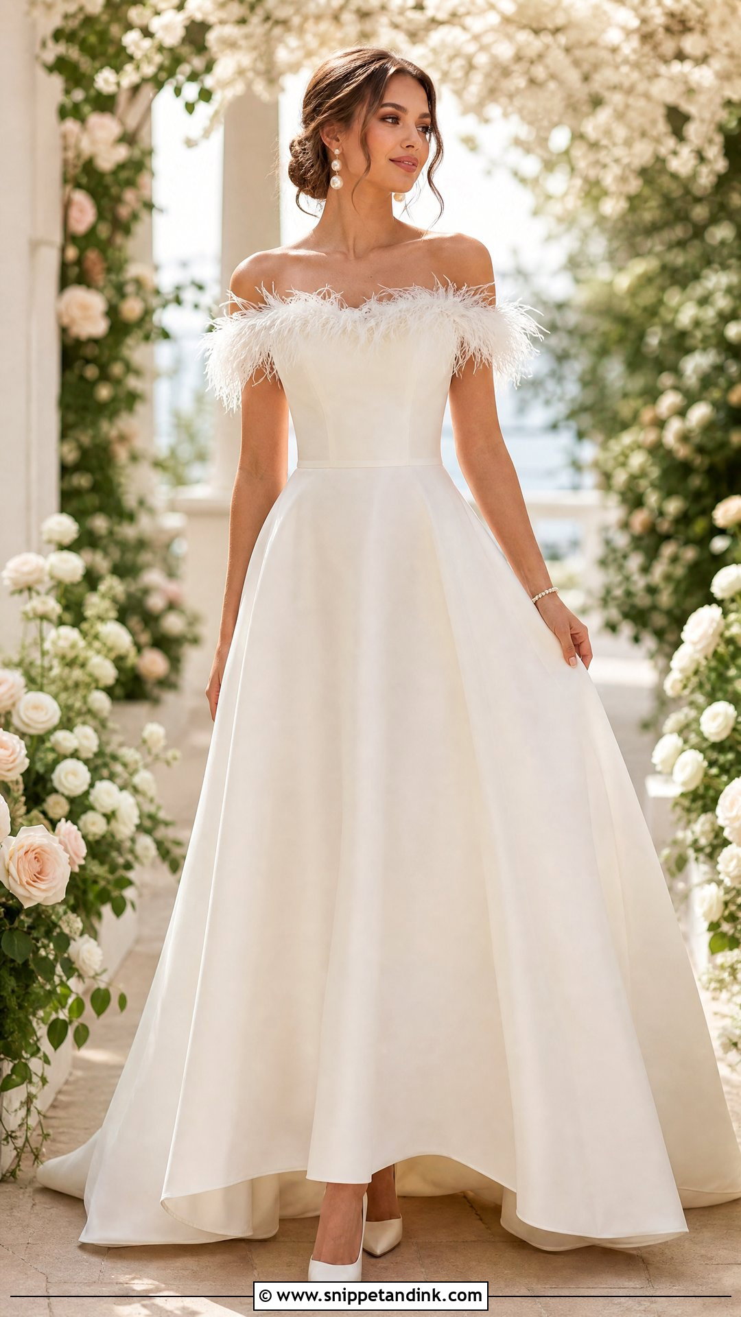 Feather Off Shoulder Wedding Dress - Snippet and Ink - 25 Feather Wedding Dress Ideas