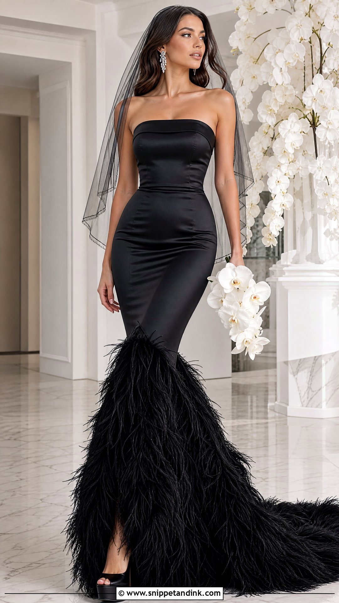 Feather Trim Black Mermaid Wedding Dress - Snippet and Ink - 25 Black Mermaid Wedding Dress Ideas