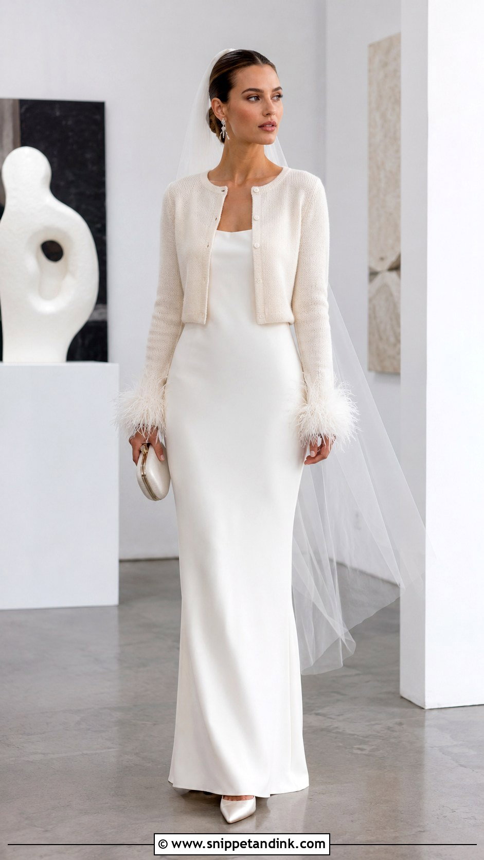 Feather Trim Bridal Cardigan With Minimalist Wedding Gown - Snippet and Ink - 20 Bridal Cardigan Ideas
