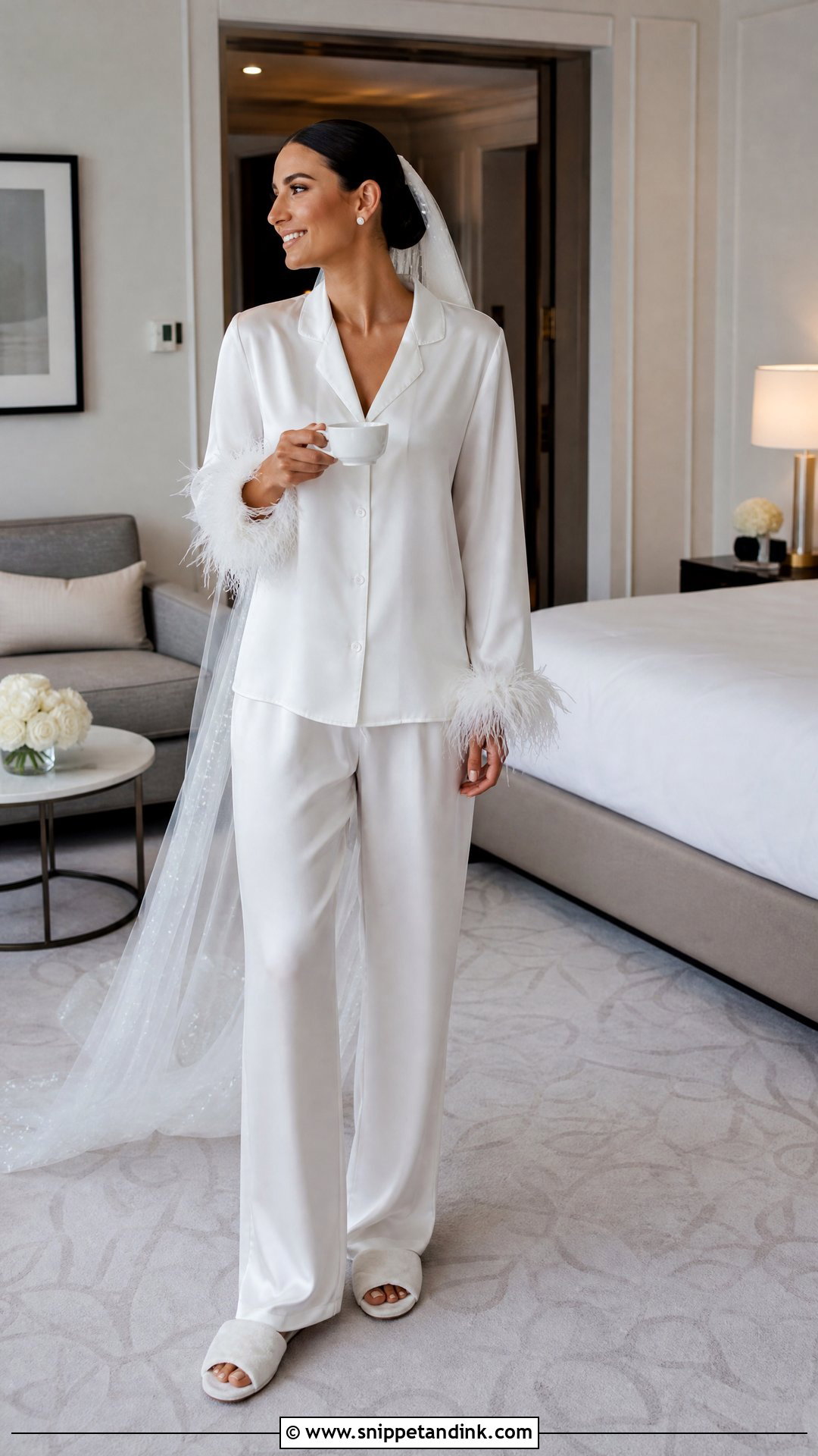 Feather Trim Bridal Morning Pajamas - Snippet and Ink - 20 Bridal Morning Outfits