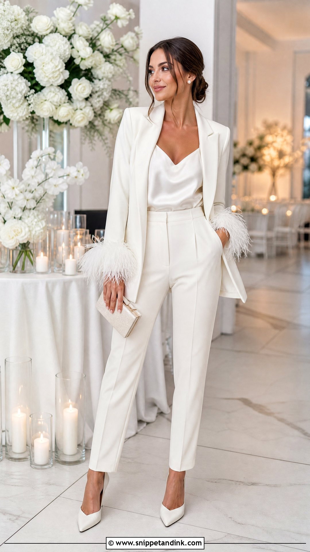 Feather Trim Bridal Pantsuit - Snippet and Ink - 20 Wedding Dress with Pants Ideas