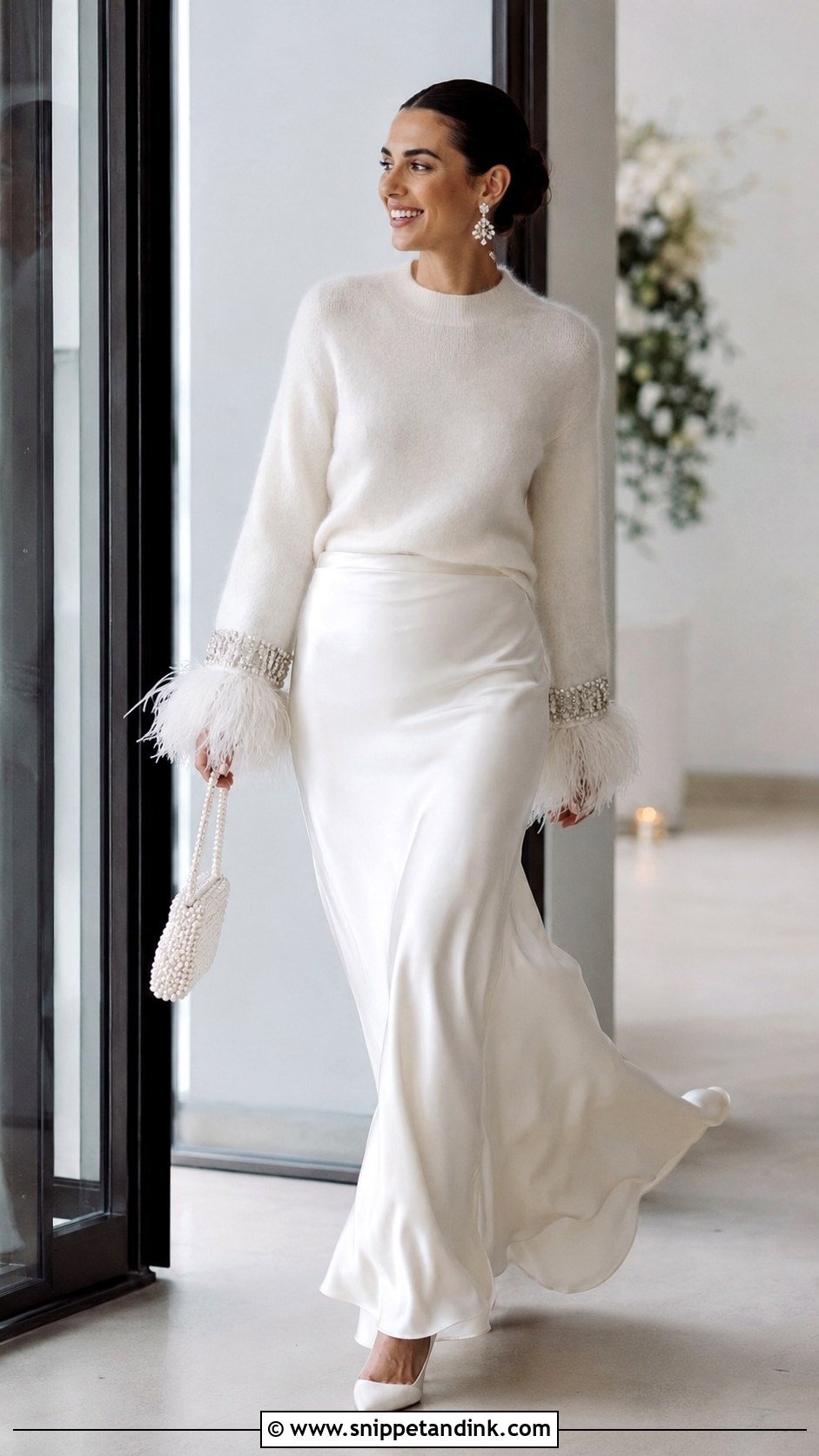 Feather Trim Bride Sweater With Straight Skirt - Snippet and Ink - 20 Bride Sweater Ideas