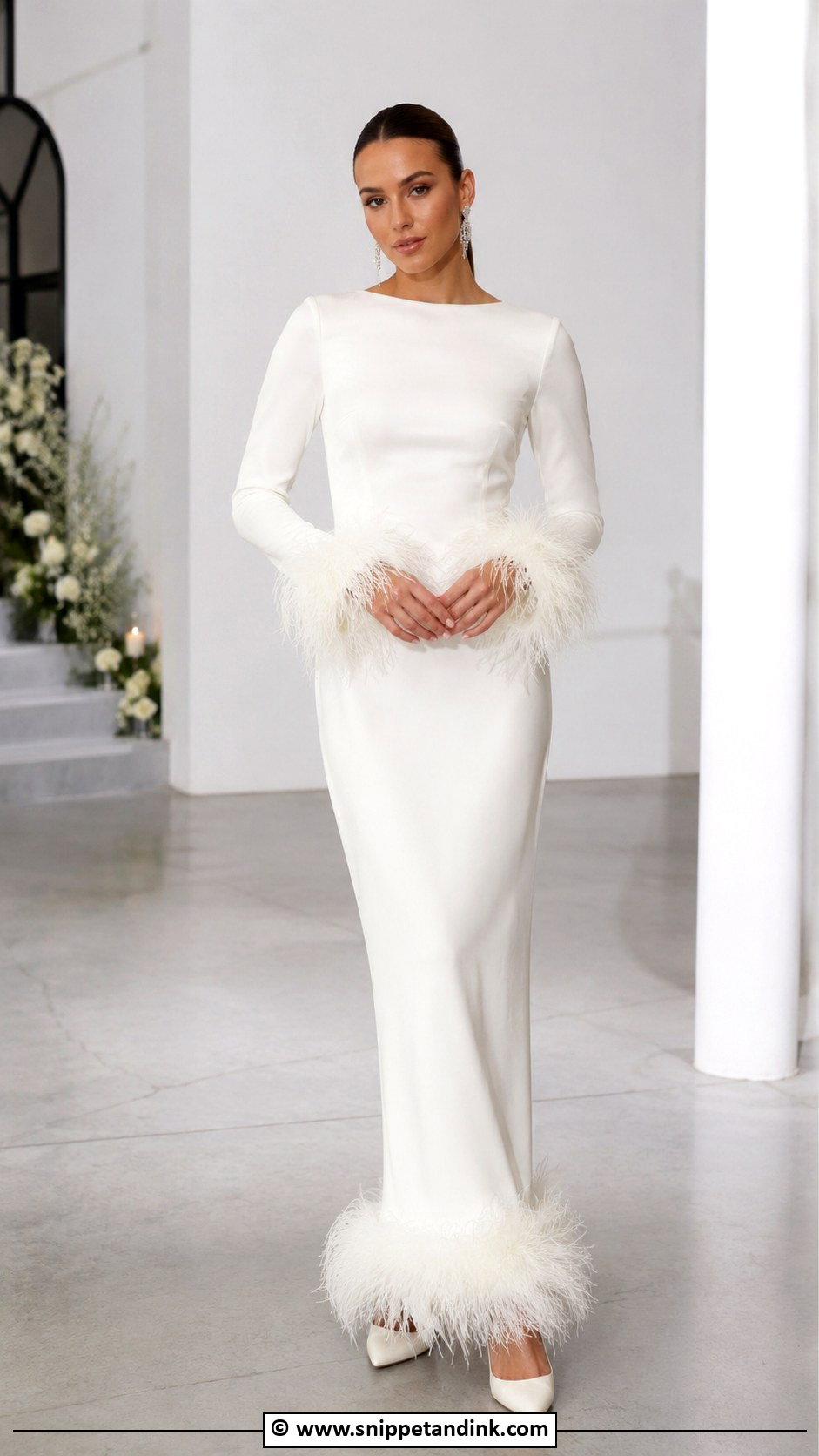 Feather Trim Column Wedding Dress - Snippet and Ink - 25 Column Wedding Dress Ideas