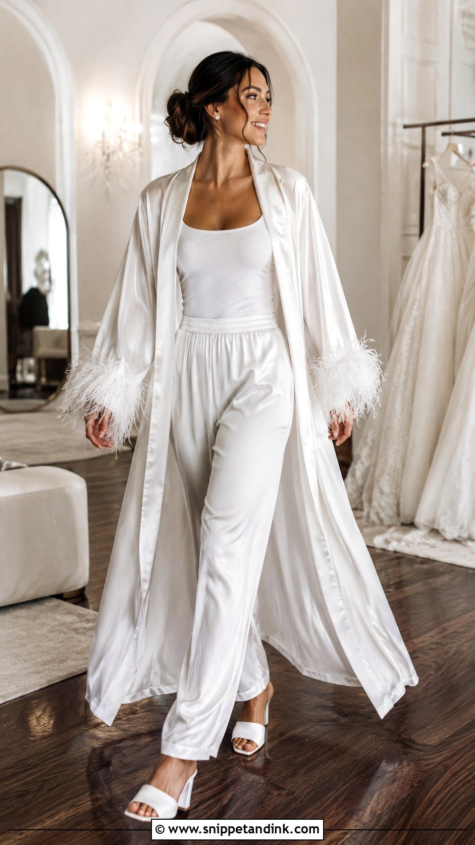 Feather Trim Long Bridal Robe Outfit - Snippet and Ink - 20 Long Bridal Robe Ideas