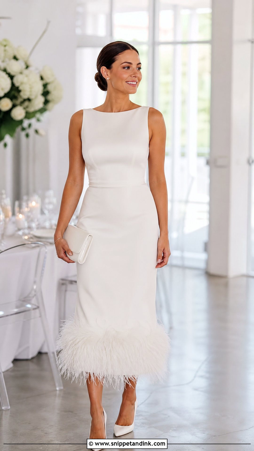 Feather Trim Midi Bridal Dress With Simple Heels - Snippet and Ink - 25 Midi Bridal Dress Ideas
