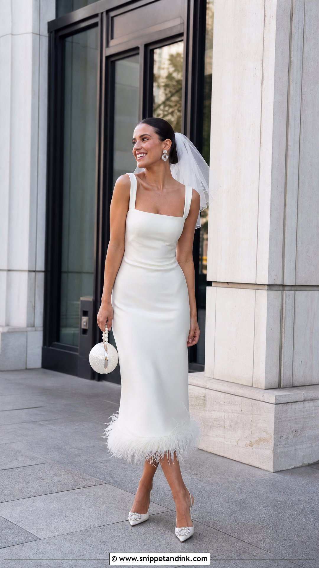 Feather Trim Midi Wedding Dress - Snippet and Ink - 20 Original Wedding Dress Ideas