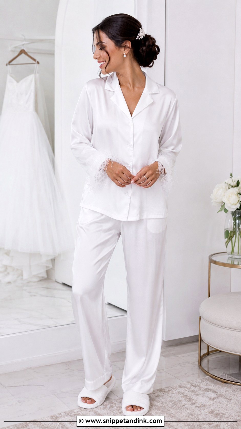 Feather Trim Pajama Set Bride Outfit - Snippet and Ink - 20 Bride Outfit Ideas