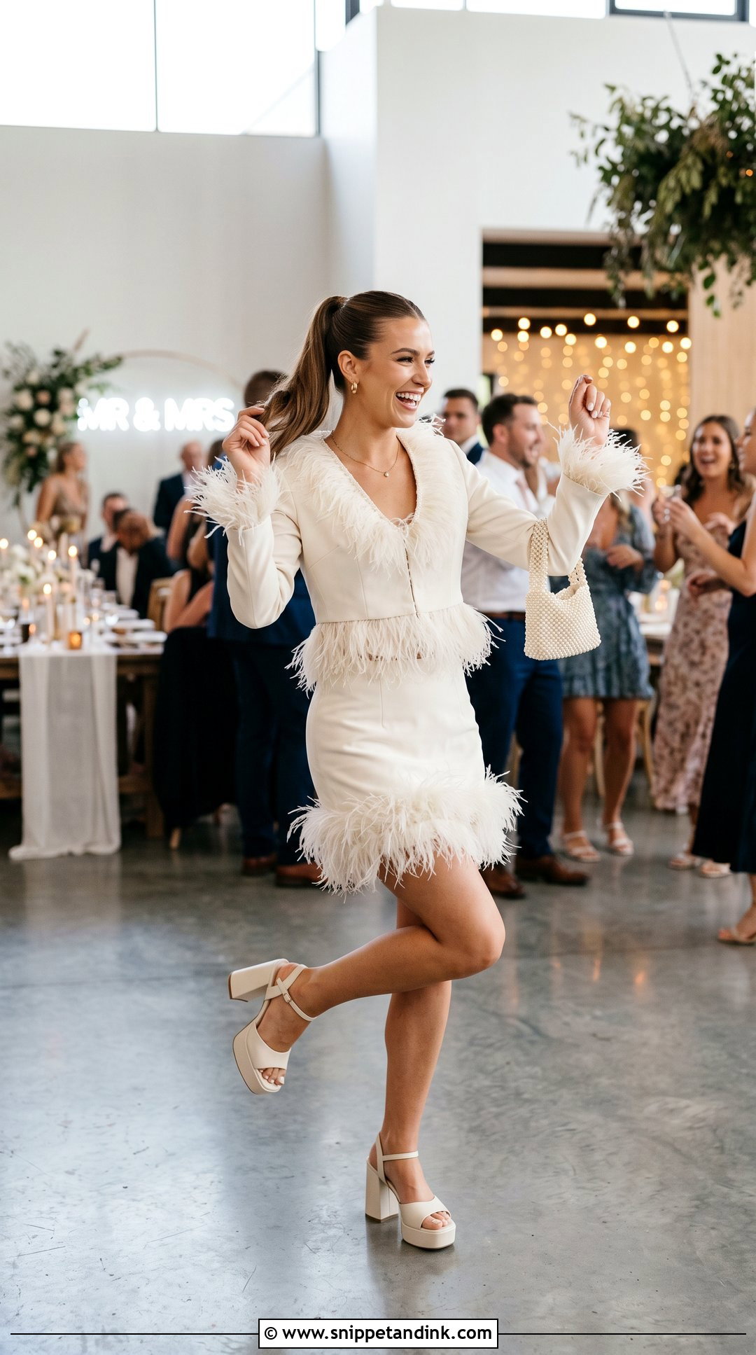 Feather Trim Top And Mini Bridal Skirt - Snippet and Ink - 20 Two Piece Bridal Outfit Ideas