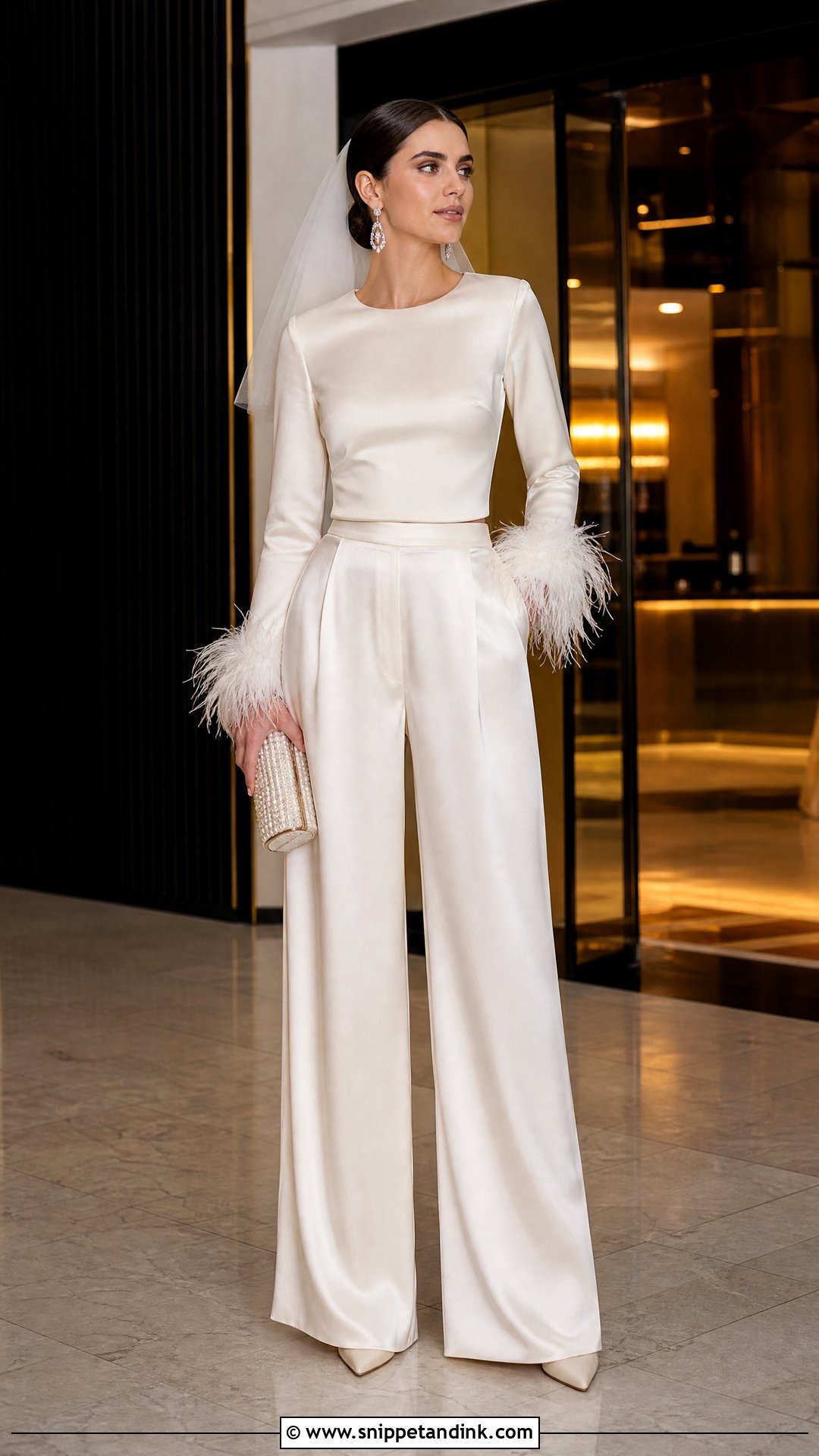 Feather Trim Top And Satin Pants Bridal Set - Snippet and Ink - 25 Bridal Two Piece Set Ideas