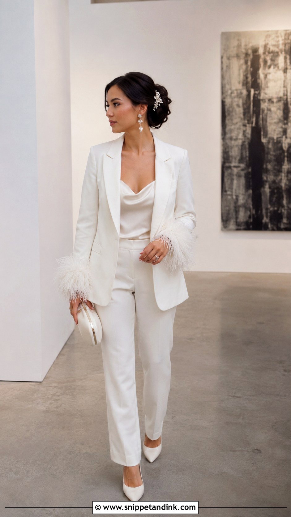 Feather Trim Wedding Dress Pantsuit - Snippet and Ink - 20 Wedding Dress Pantsuit Ideas