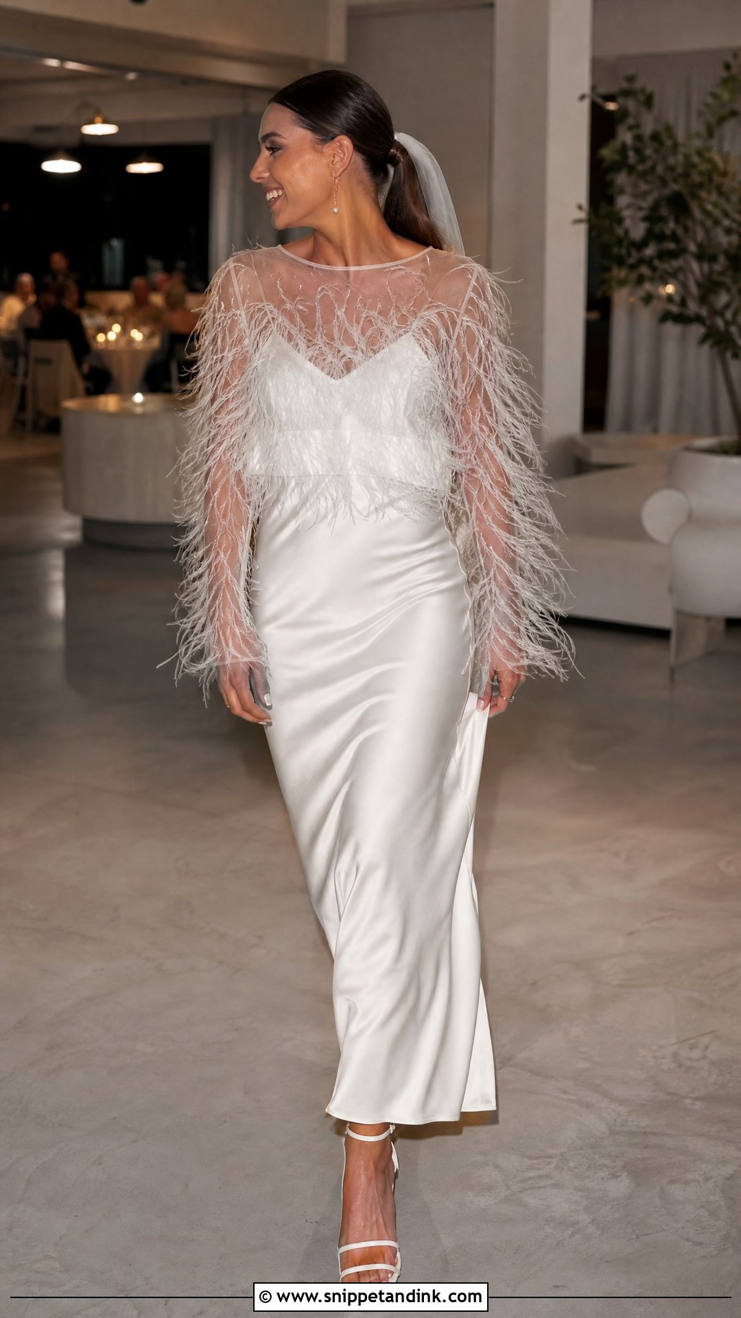 Feather Trim Wedding Dress Topper With Slip Gown - Snippet and Ink - 20 Wedding Dress Topper Long Sleeve Ideas