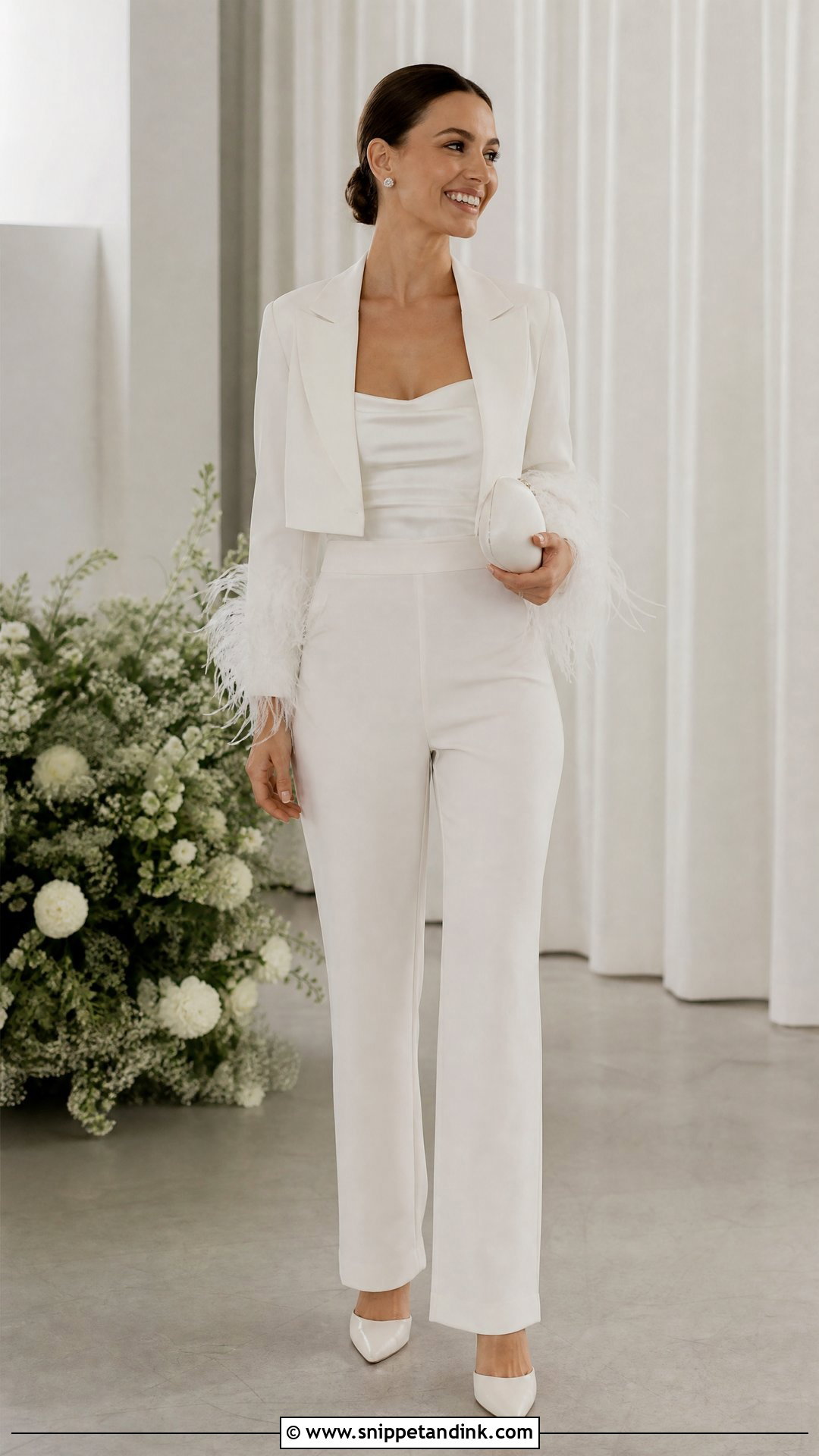 Feather Trim Wedding Trouser Outfit - Snippet and Ink - 20 Wedding Trousers Brides Ideas