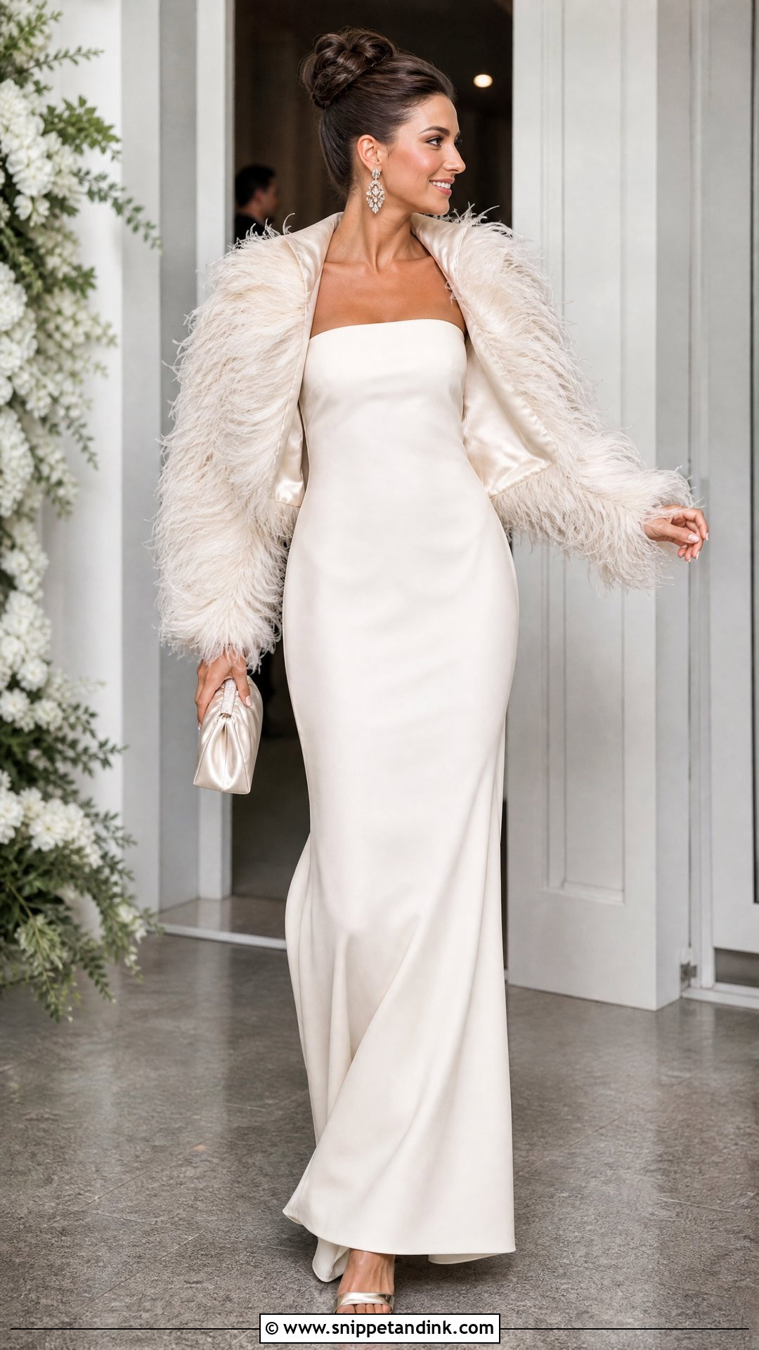 Feather Wedding Bolero Jacket With Column Gown - Snippet and Ink - 20 Wedding Bolero Jacket Ideas