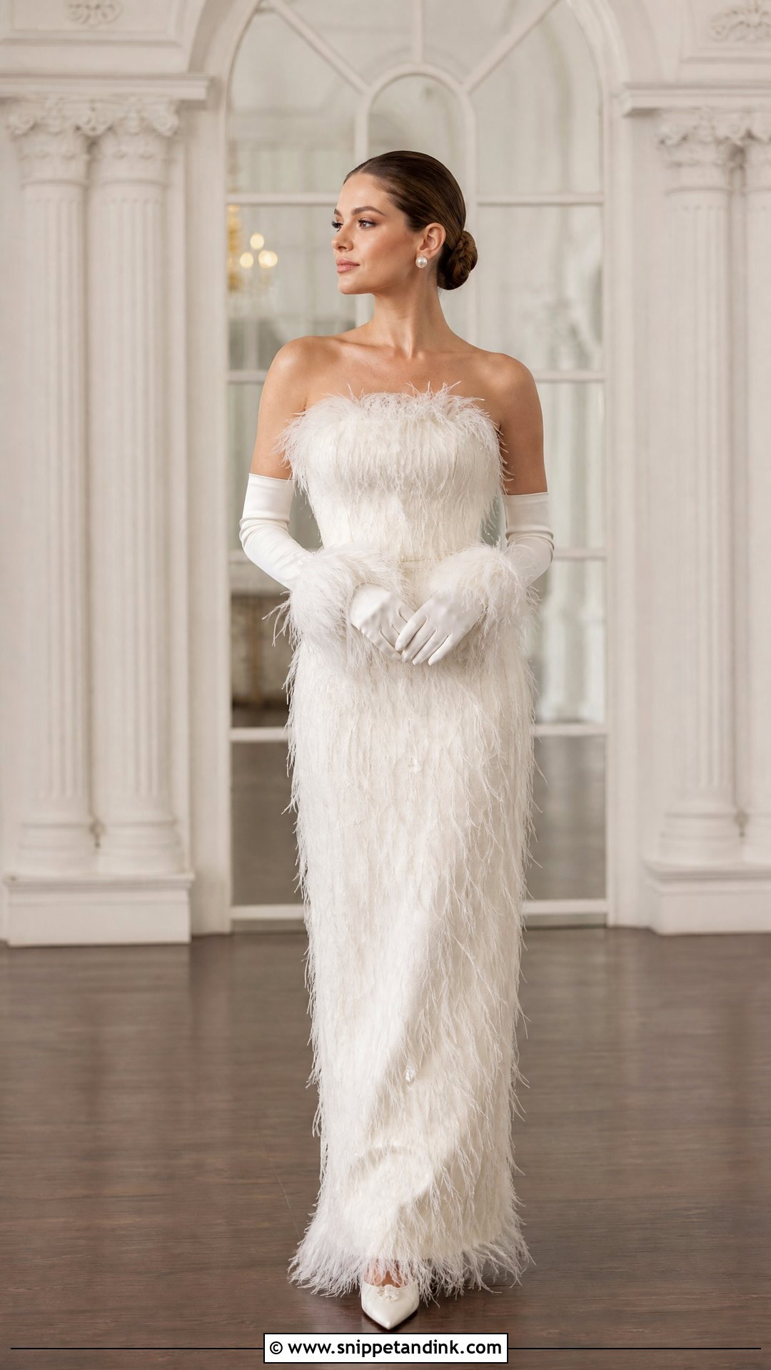 Feather Wedding Dress With Gloves - Snippet and Ink - 25 Feather Wedding Dress Ideas