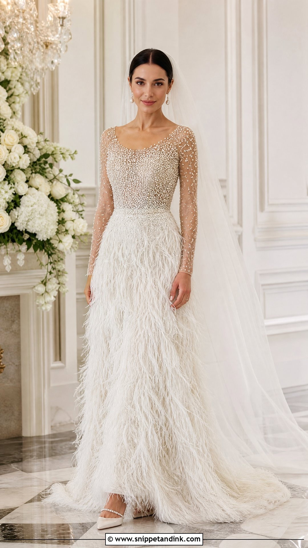 Feather Wedding Dress With Pearl Details - Snippet and Ink - 25 Feather Wedding Dress Ideas