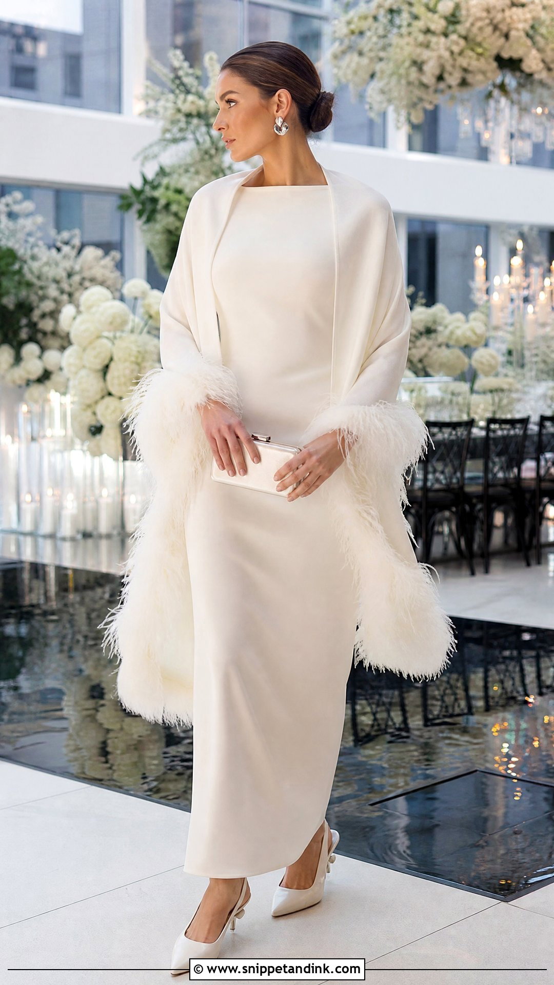 Feather Wedding Wrap With Column Dress - Snippet and Ink - 20 Wedding Wraps Ideas