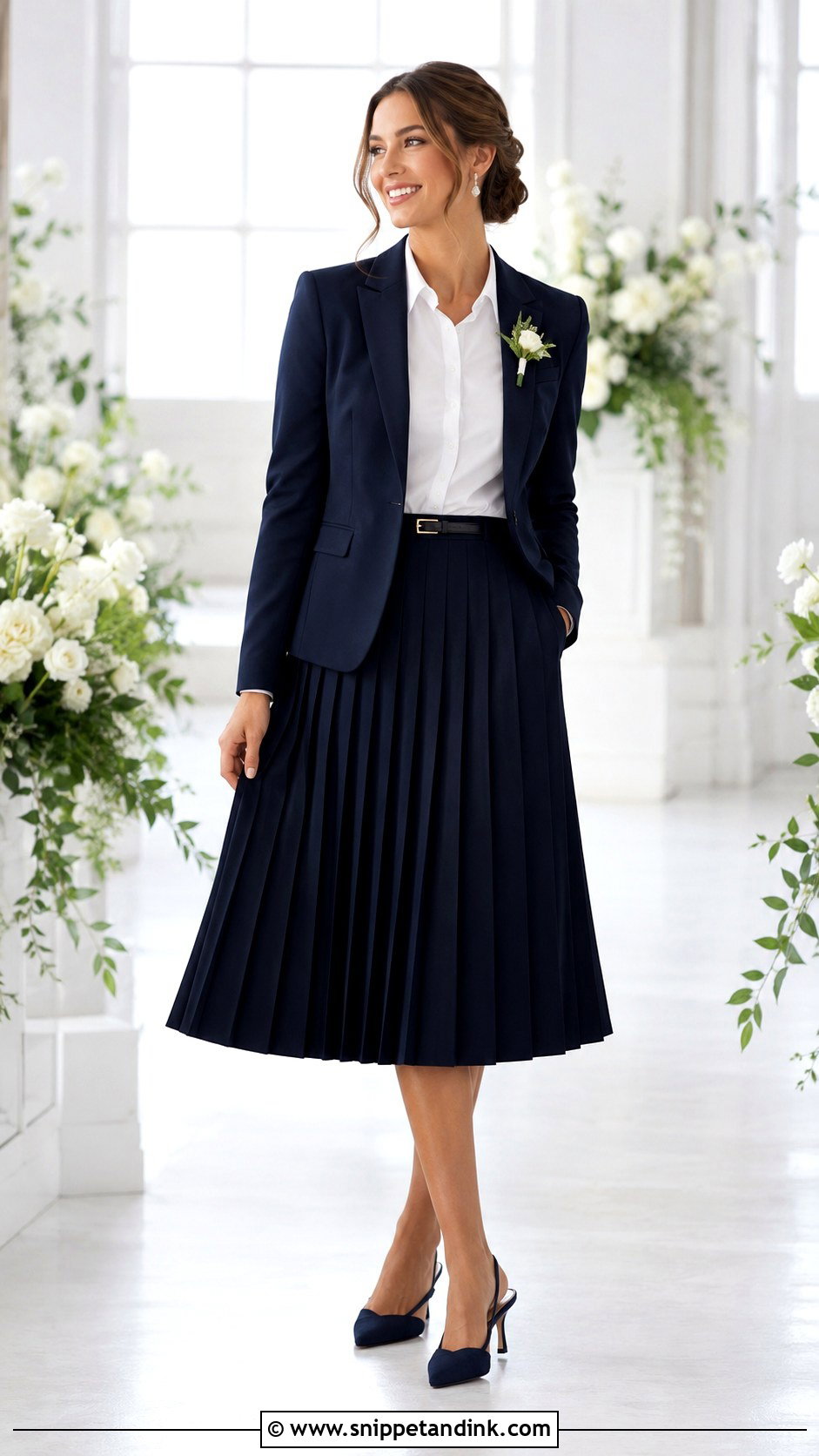 Female Groomsman Blazer And Midi Skirt - Snippet and Ink - 20 Female Groomsman Attire Ideas
