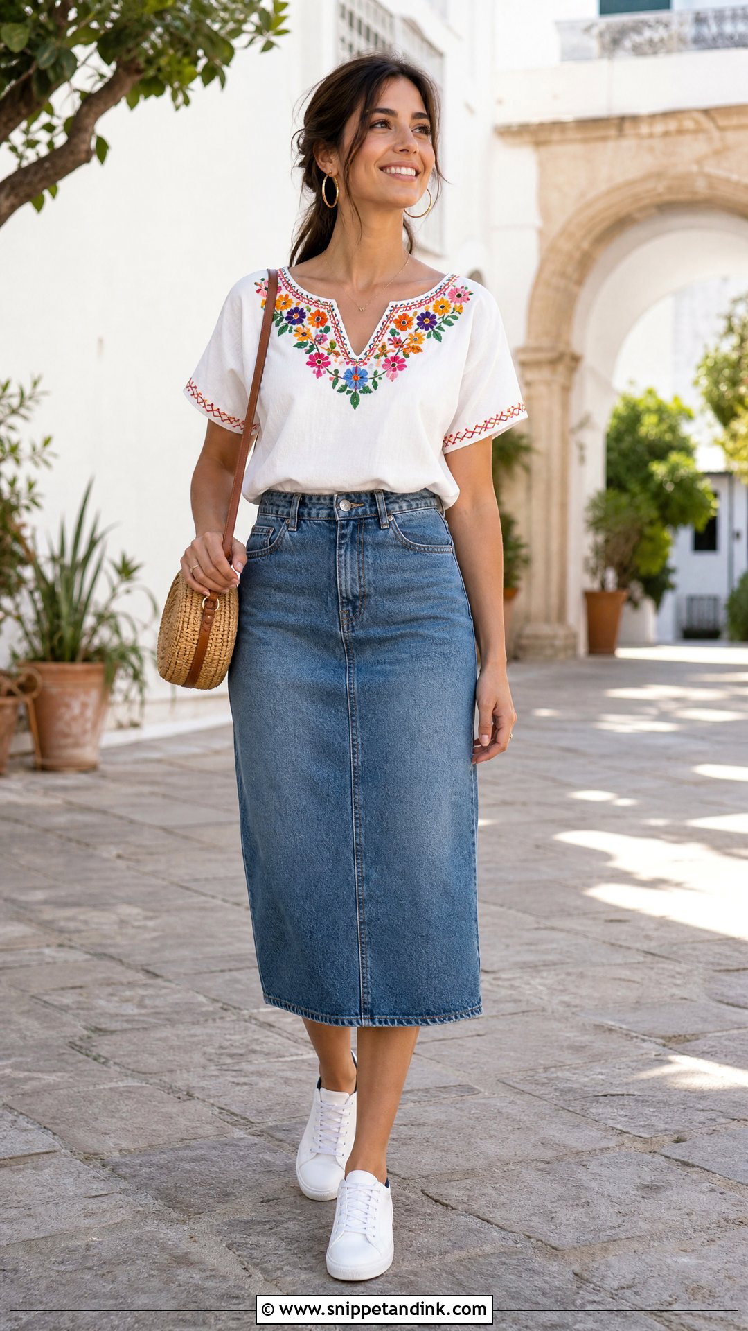 Final Fiesta Embroidered Blouse And Denim Skirt Outfit - Snippet and Ink - 20 Final Fiesta Bachelorette Party Outfit Ideas