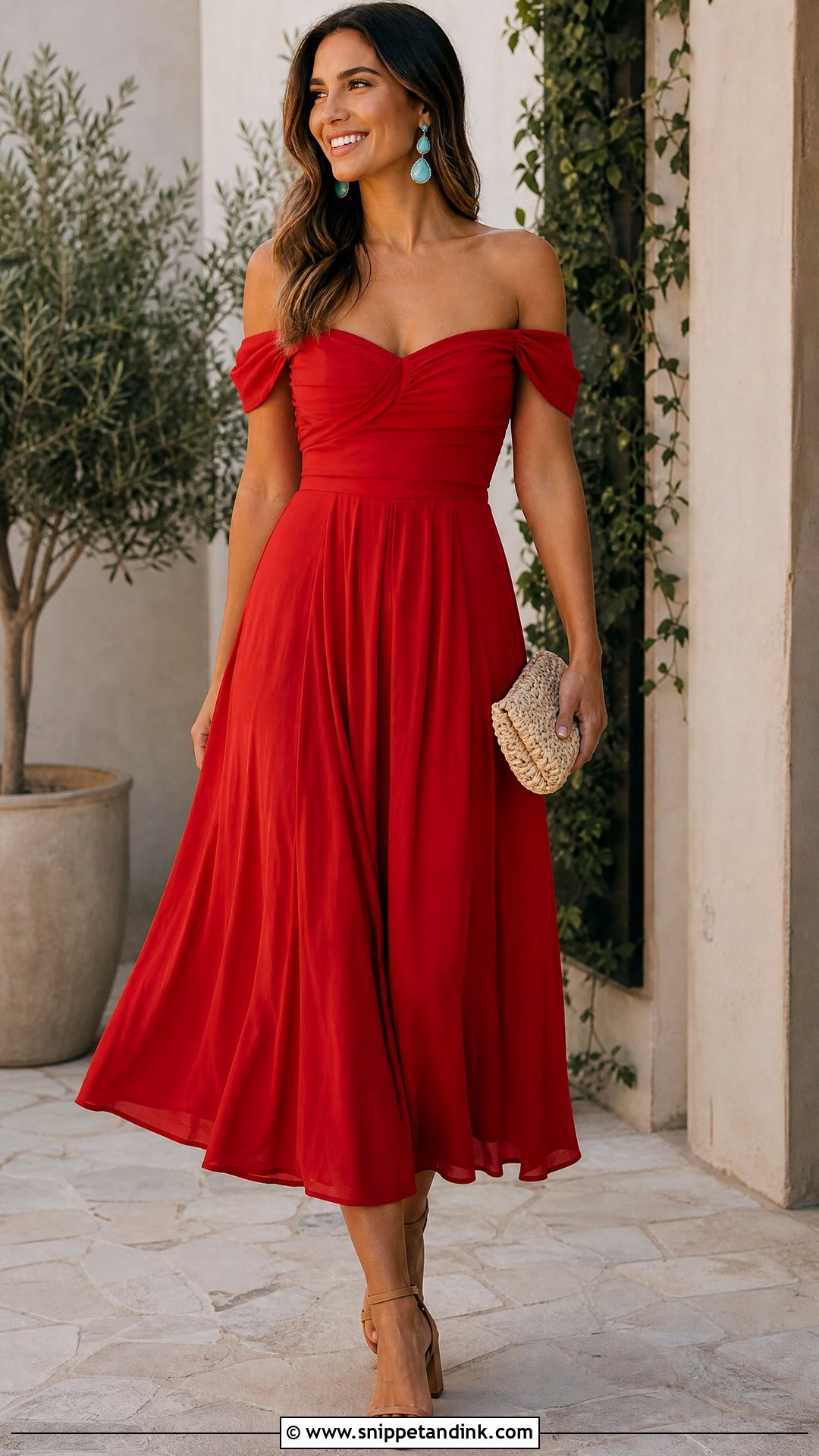Final Fiesta Red Off Shoulder Dress Outfit - Snippet and Ink - 20 Final Fiesta Bachelorette Party Outfit Ideas