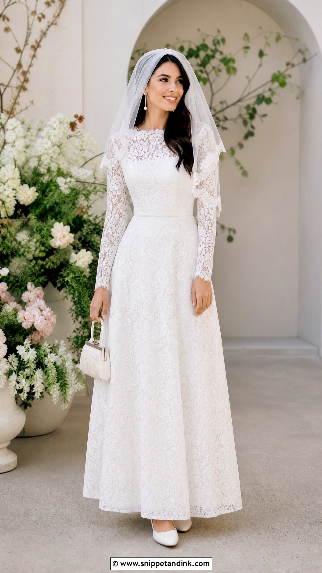 Fingertip Veil With Lace A Line Dress - Snippet and Ink - 20 Woman in Veil Ideas