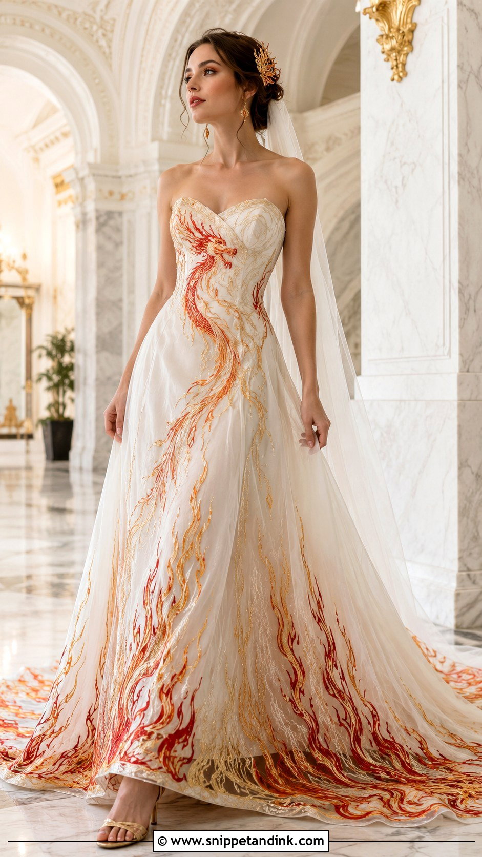 Fire Dragon Wedding Dress With Flame Embroidery - Snippet and Ink - 20 Dragon Wedding Dress Ideas