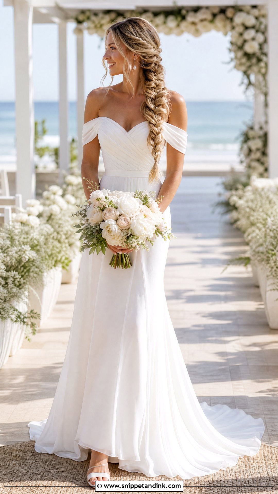 Fishtail Braid for Off the Shoulder Wedding Dress - Snippet and Ink - 25 Off the Shoulder Wedding Dress Hairstyle Ideas