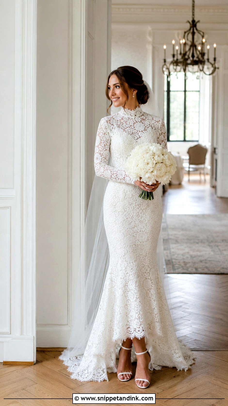 Fit And Flare Lace Turtleneck Wedding Dress - Snippet and Ink - 20 Lace Turtleneck Wedding Dress Ideas