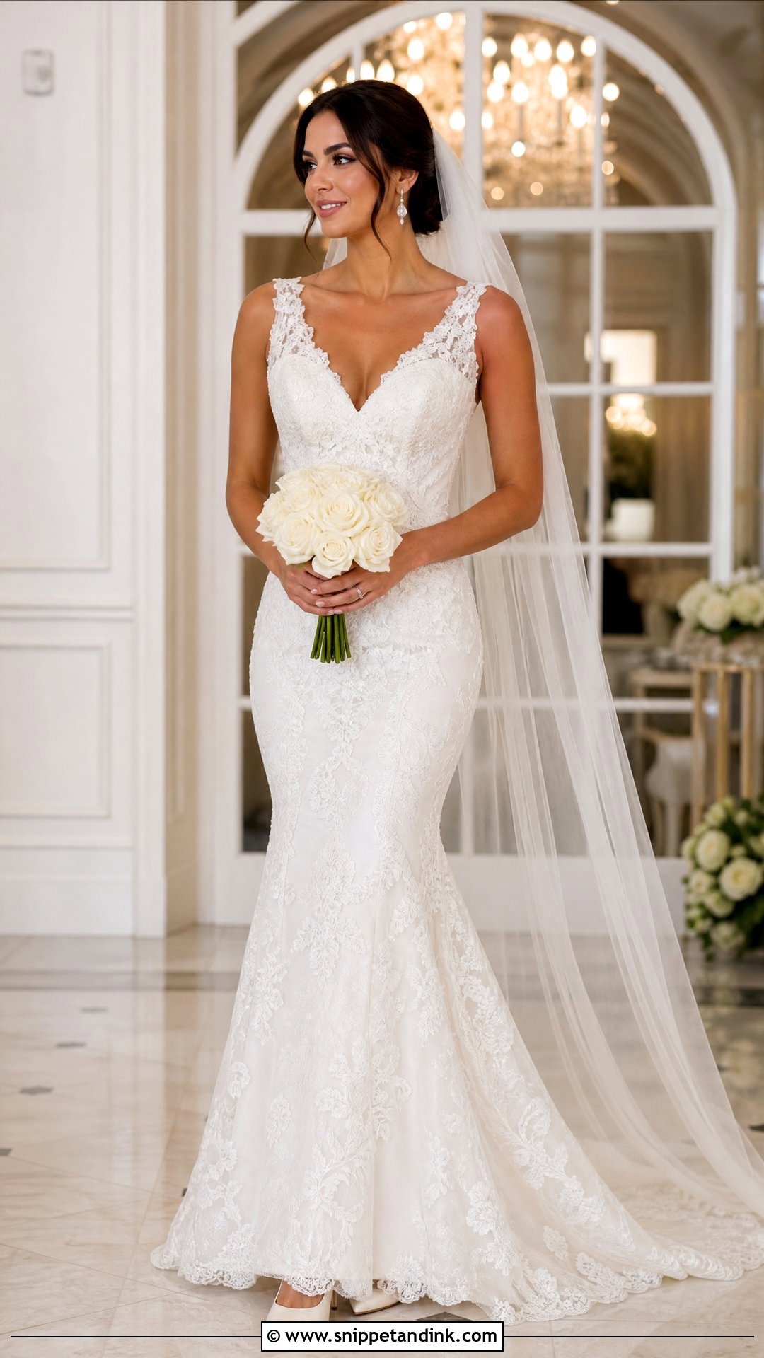 Fit And Flare Lace Wedding Dress With Chapel Veil - Snippet and Ink - 20 Simple Traditional Wedding Dress Ideas