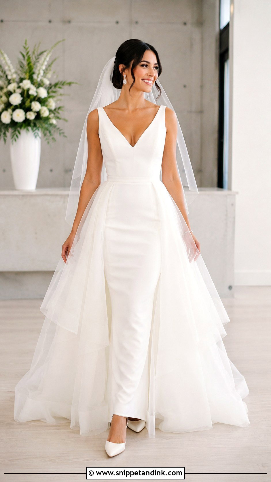 Fit And Flare Wedding Dress With Tulle Overskirt - Snippet and Ink - 20 Inverted Triangle Wedding Dress Ideas