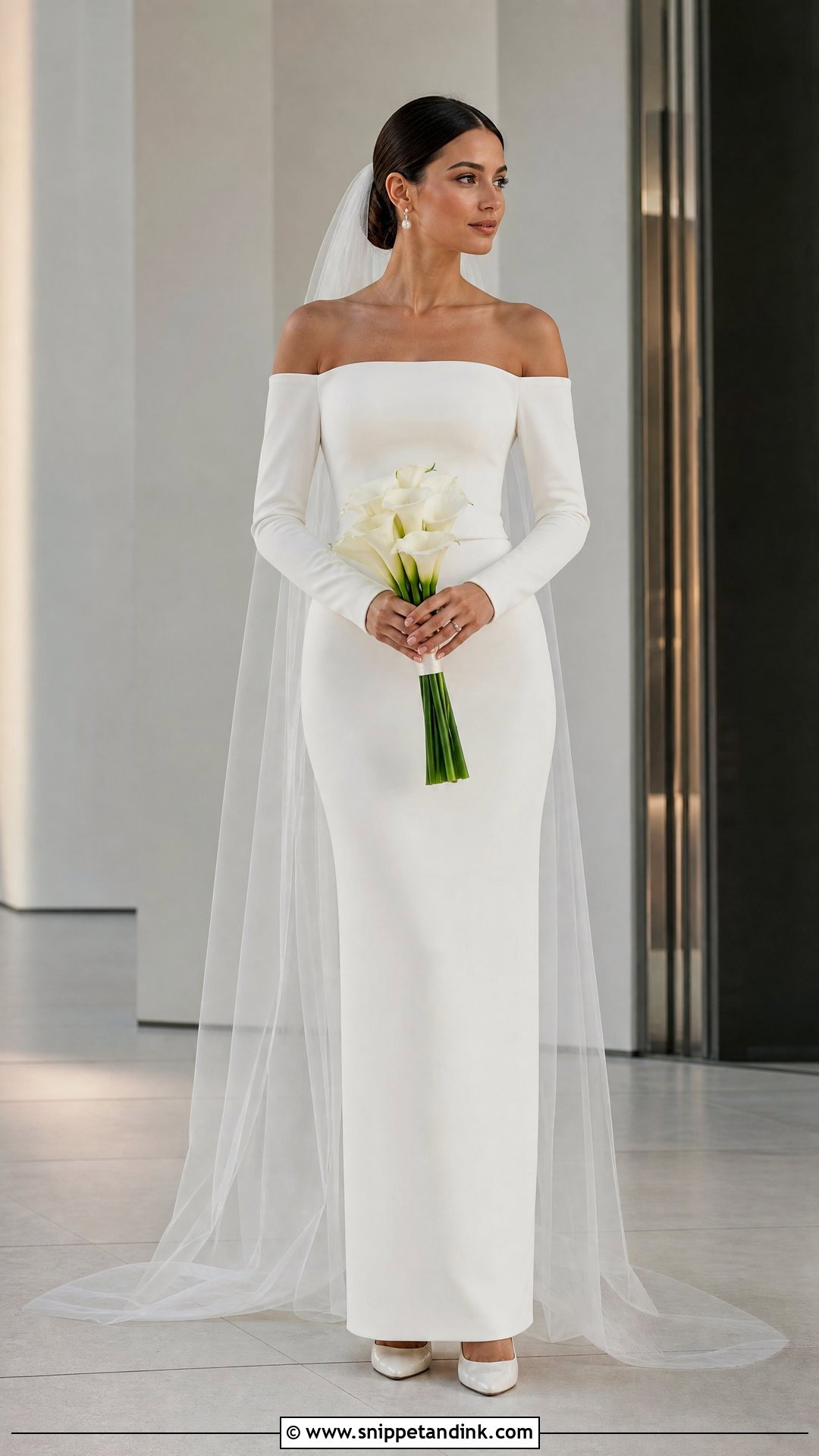 Fitted Crepe Sleeve Off the Shoulder Wedding Dress - Snippet and Ink - 20 Simple Long Wedding Dress with Off the Shoulder Sleeves