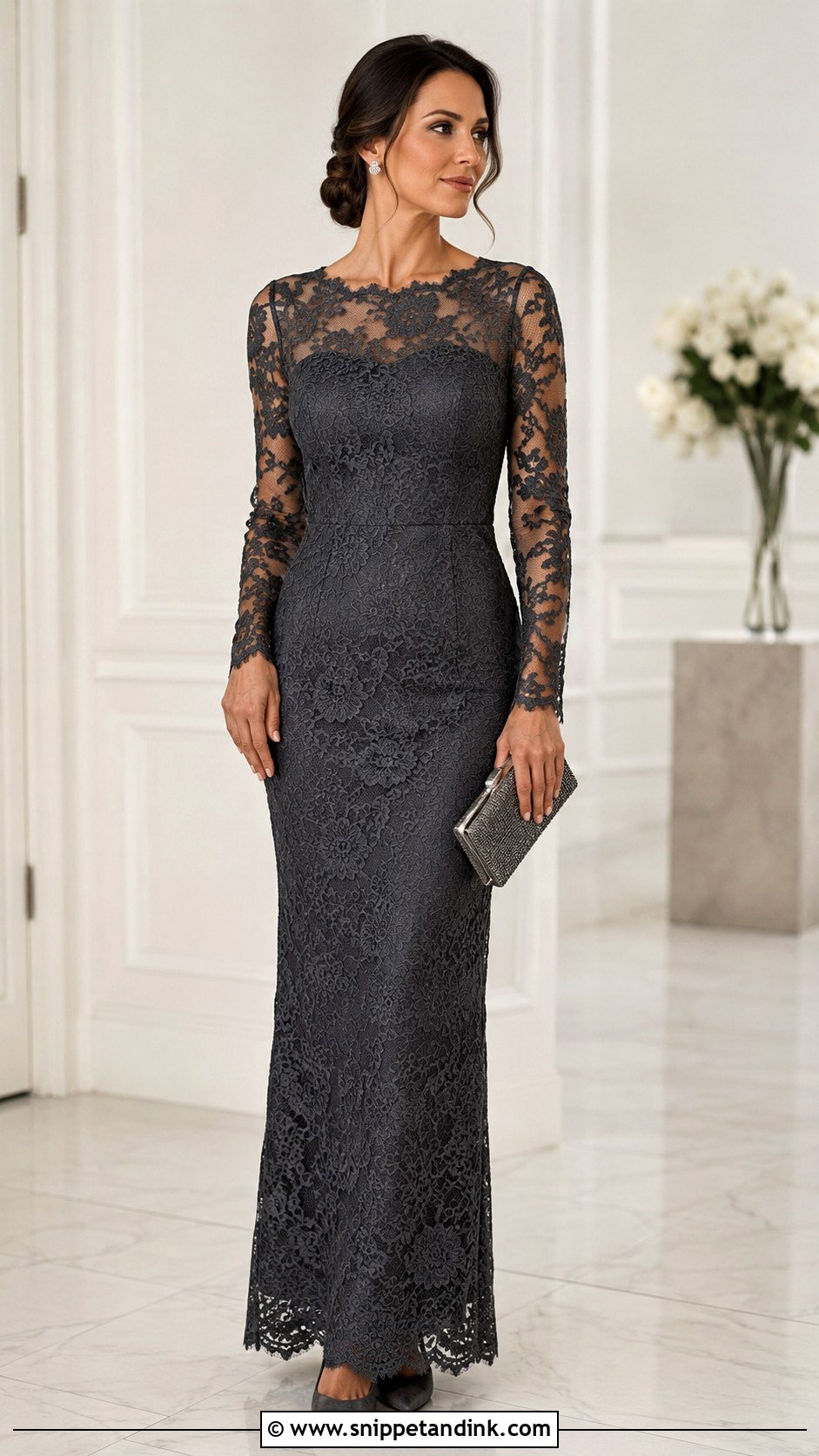 Fitted Lace Gown With Sheer Sleeves - Snippet and Ink - 20 Fitted Lace Gown Styles