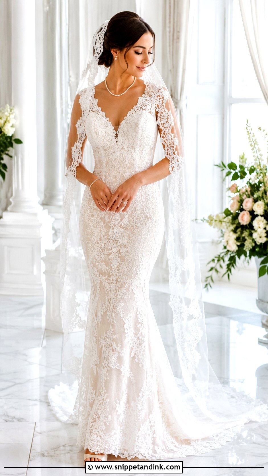 Fitted Lace Wedding Dress With Matching Lace Veil - Snippet and Ink - 25 Fitted Lace Wedding Dress Ideas