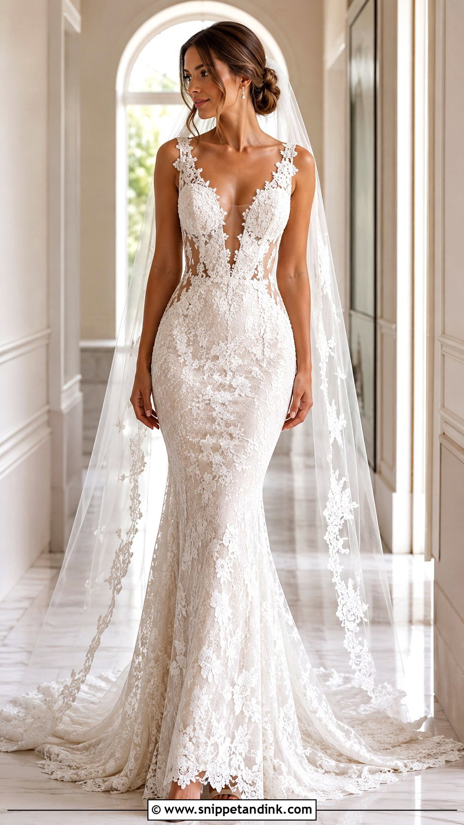 Fitted Lace Wedding Dress With Plunging Neckline - Snippet and Ink - 25 Fitted Lace Wedding Dress Ideas