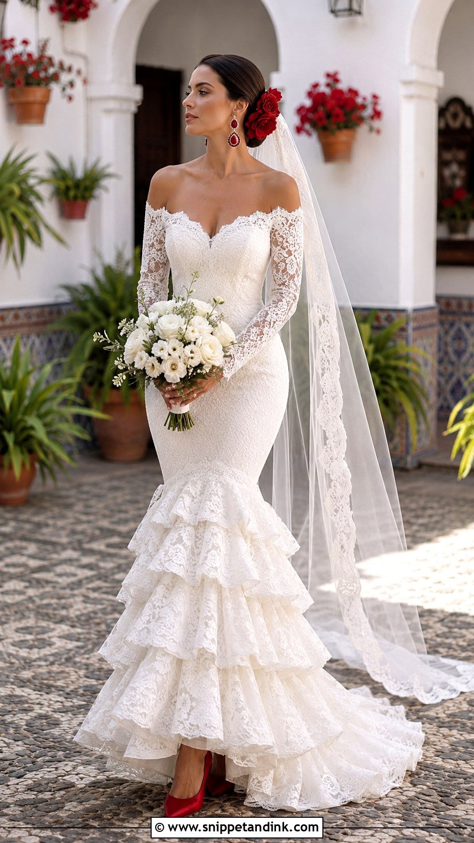 Flamenco Wedding Dress With Red Accessories - Snippet and Ink - 20 Flamenco Wedding Dress Ideas