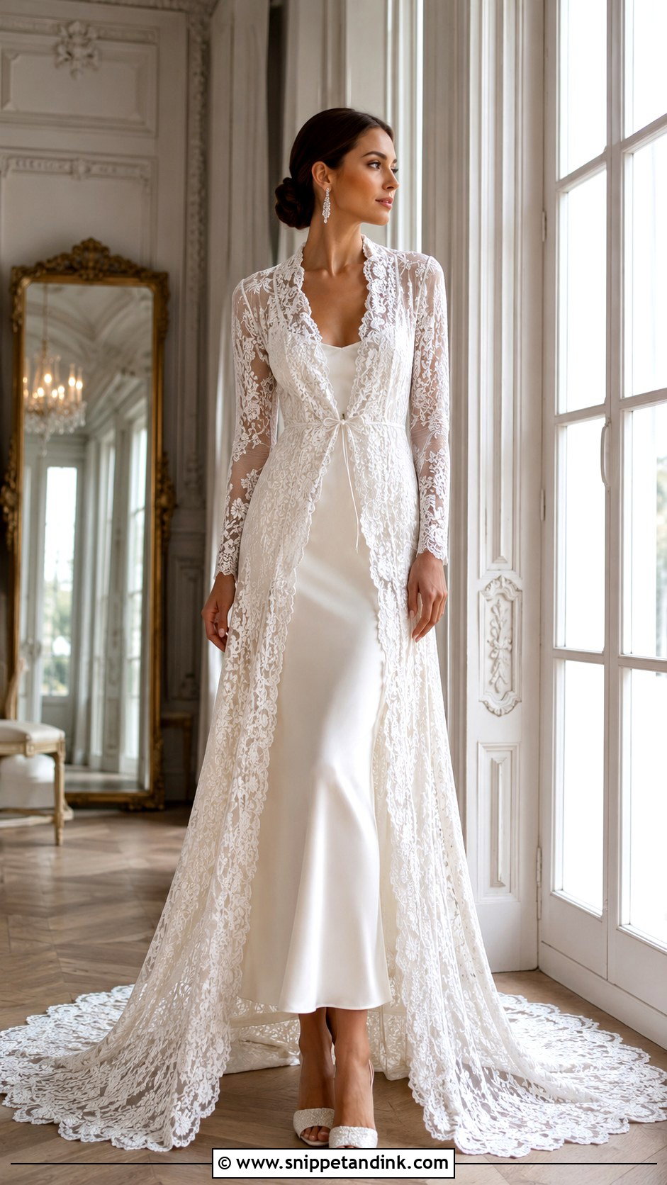 Floor Length Lace Bridal Robe With Satin Gown - Snippet and Ink - 20 Lace Bridal Robe Ideas
