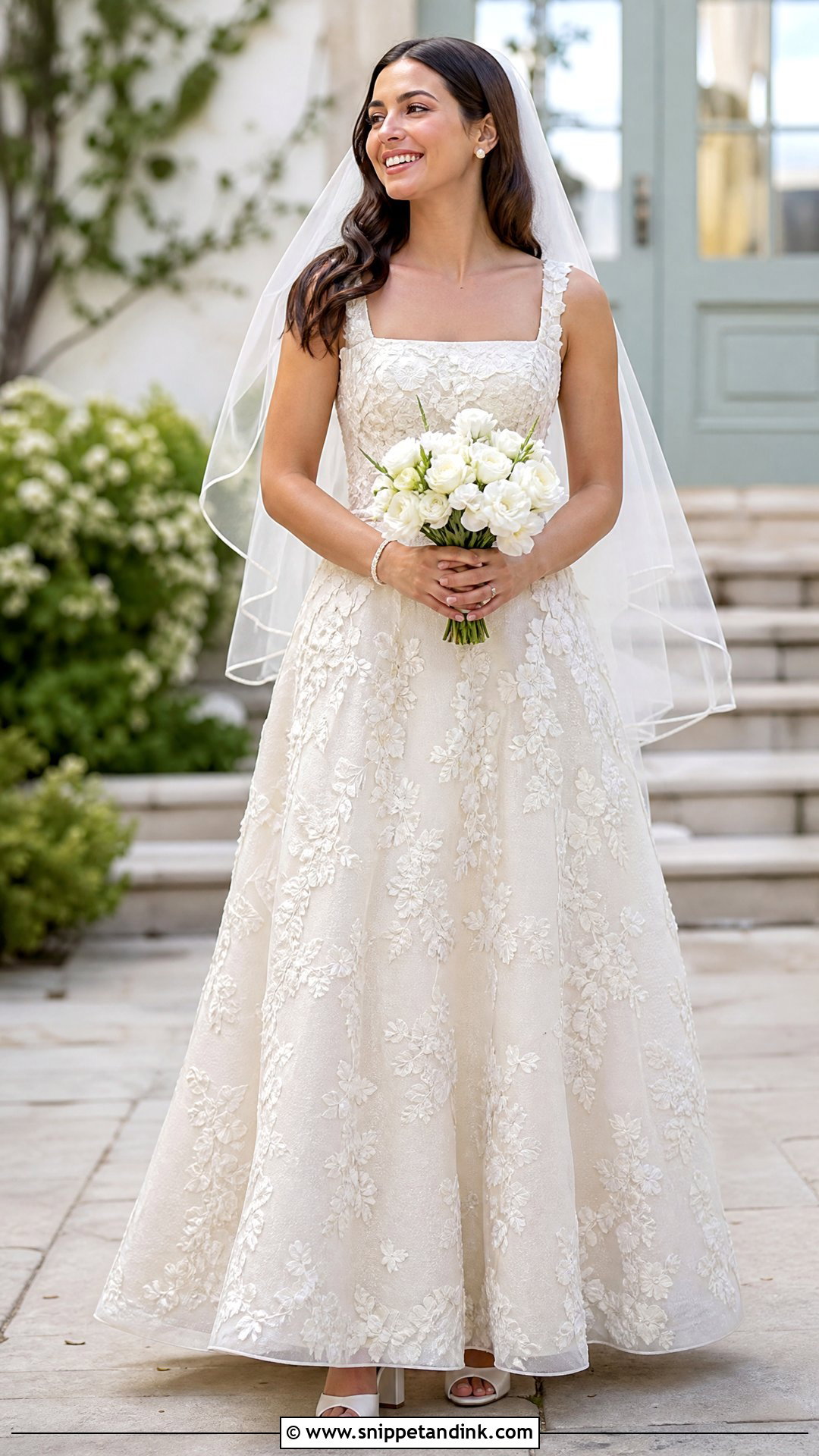 Floral A Line Wedding Dress With Pearl Accessories - Snippet and Ink - 25 Floral Wedding Dresses