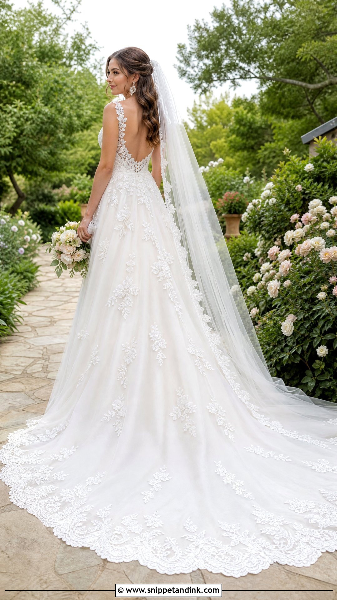 Floral A Line Wedding Dress With Scalloped Chapel Train - Snippet and Ink - 20 Wedding Dress Train Lengths Ideas