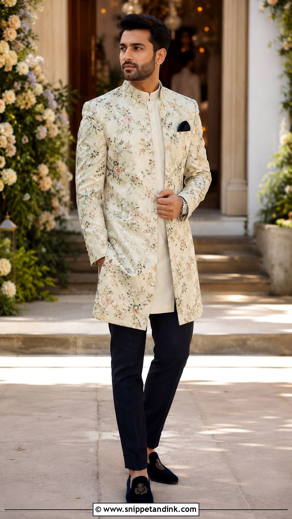 Floral Achkan With Slim Trousers - Snippet and Ink - 20 Brother of the Bride Ideas