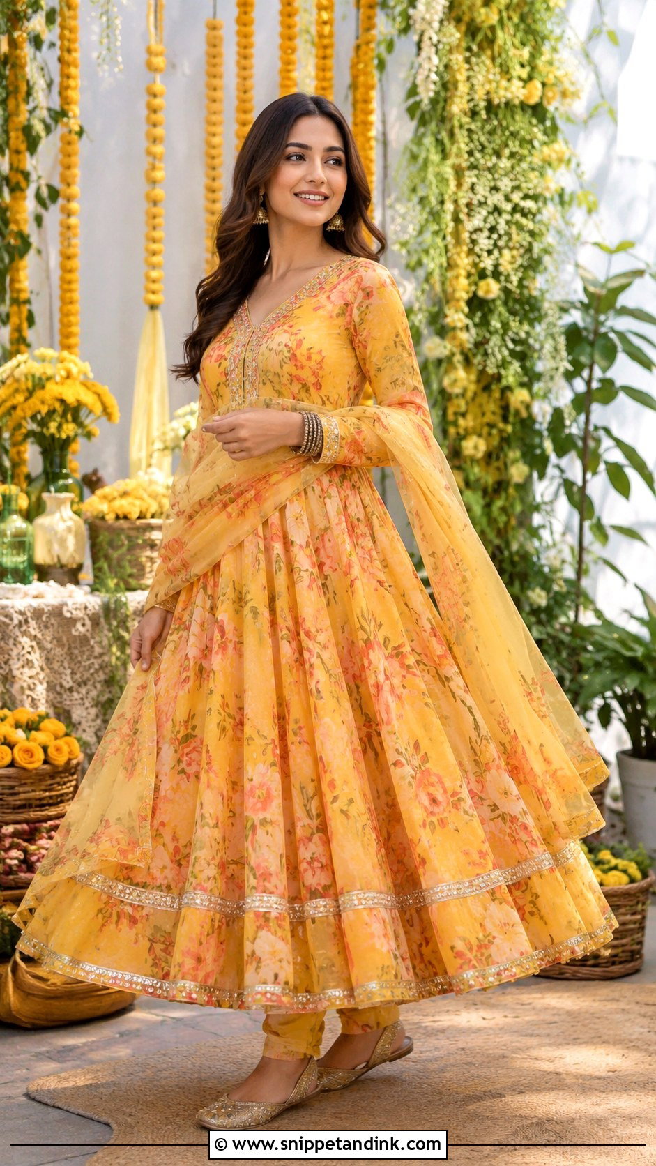 Floral Anarkali Dress For Haldi - Snippet and Ink - 25 Haldi Dress for Bride Sister Ideas