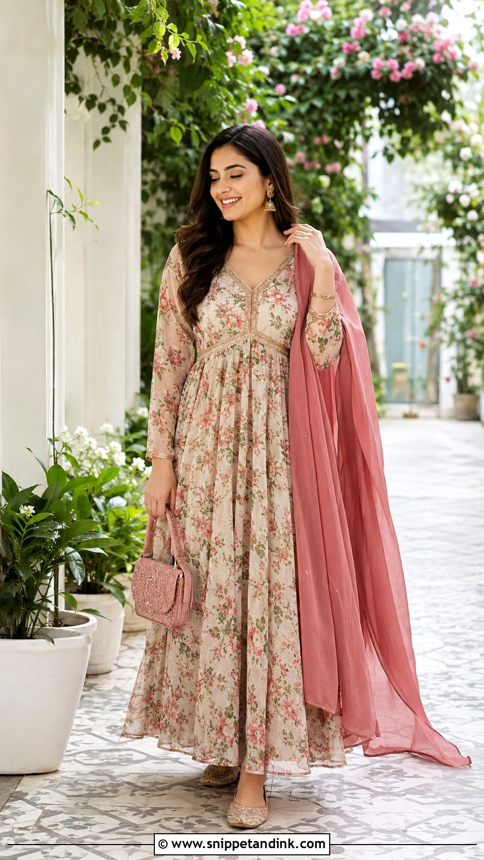 Floral Anarkali Dress With Solid Dupatta - Snippet and Ink - 20 Anarkali Dress with Dupatta Ideas