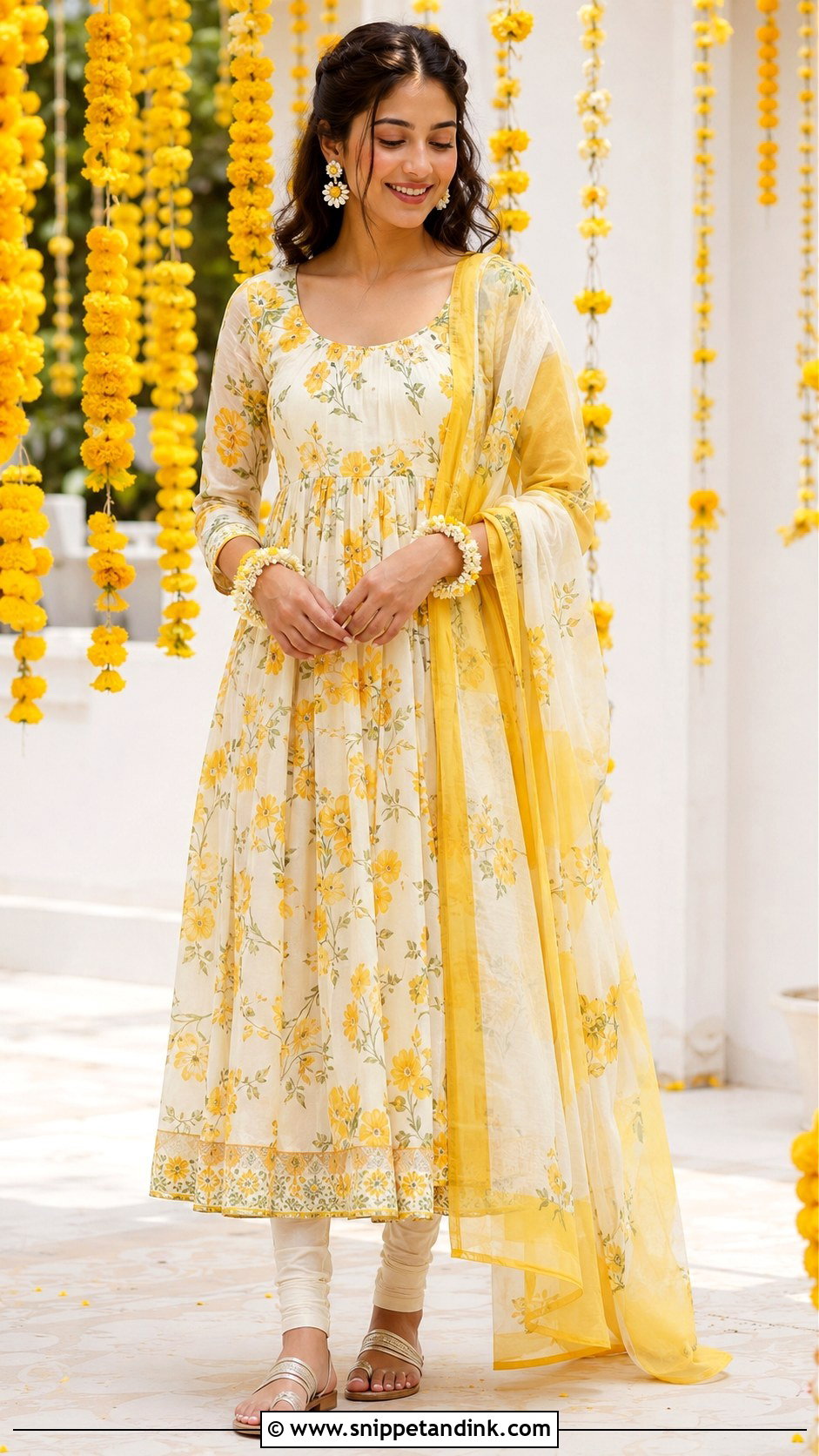 Floral Anarkali Haldi Outfit - Snippet and Ink - 20 Haldi Ceremony Outfit for Girls Ideas