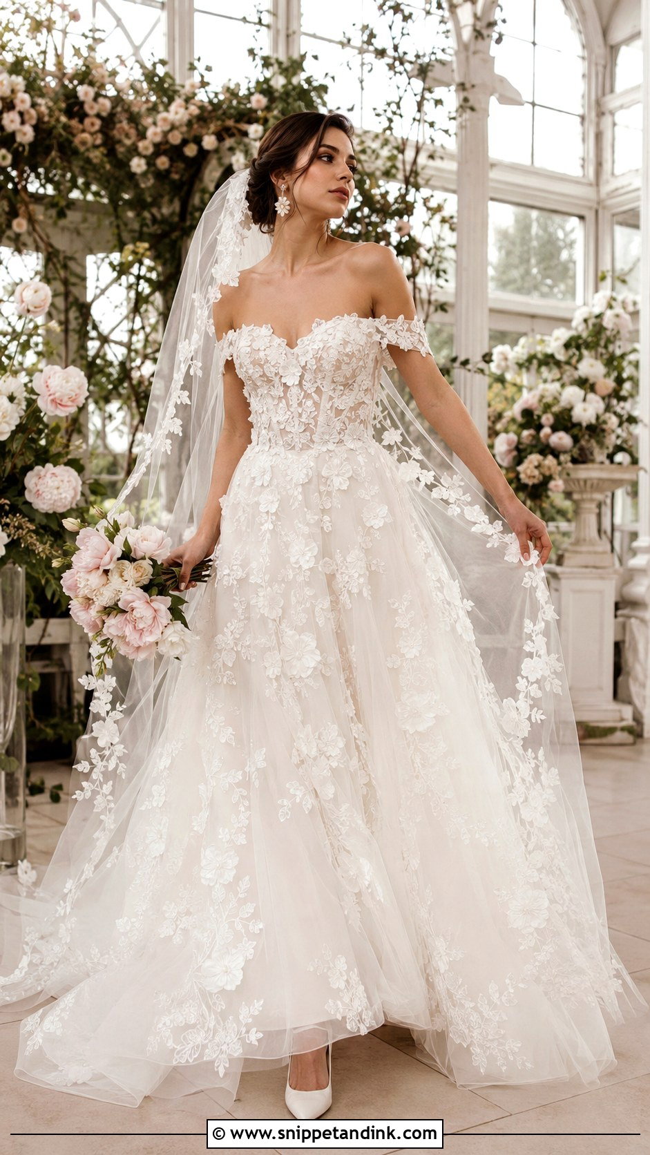 Floral Applique A Line Off the Shoulder Wedding Dress - Snippet and Ink - 20 A Line Wedding Dress Off the Shoulder Ideas