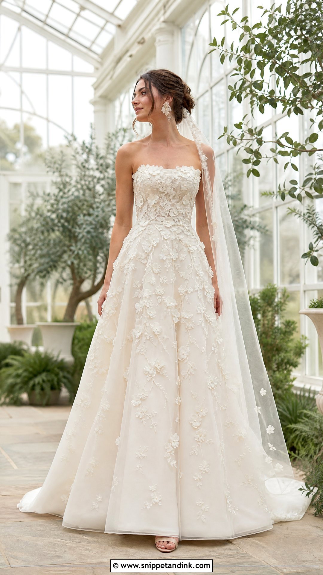 Floral Applique A Line Strapless Wedding Gown - Snippet and Ink - 20 Strapless Wedding Gown Ideas