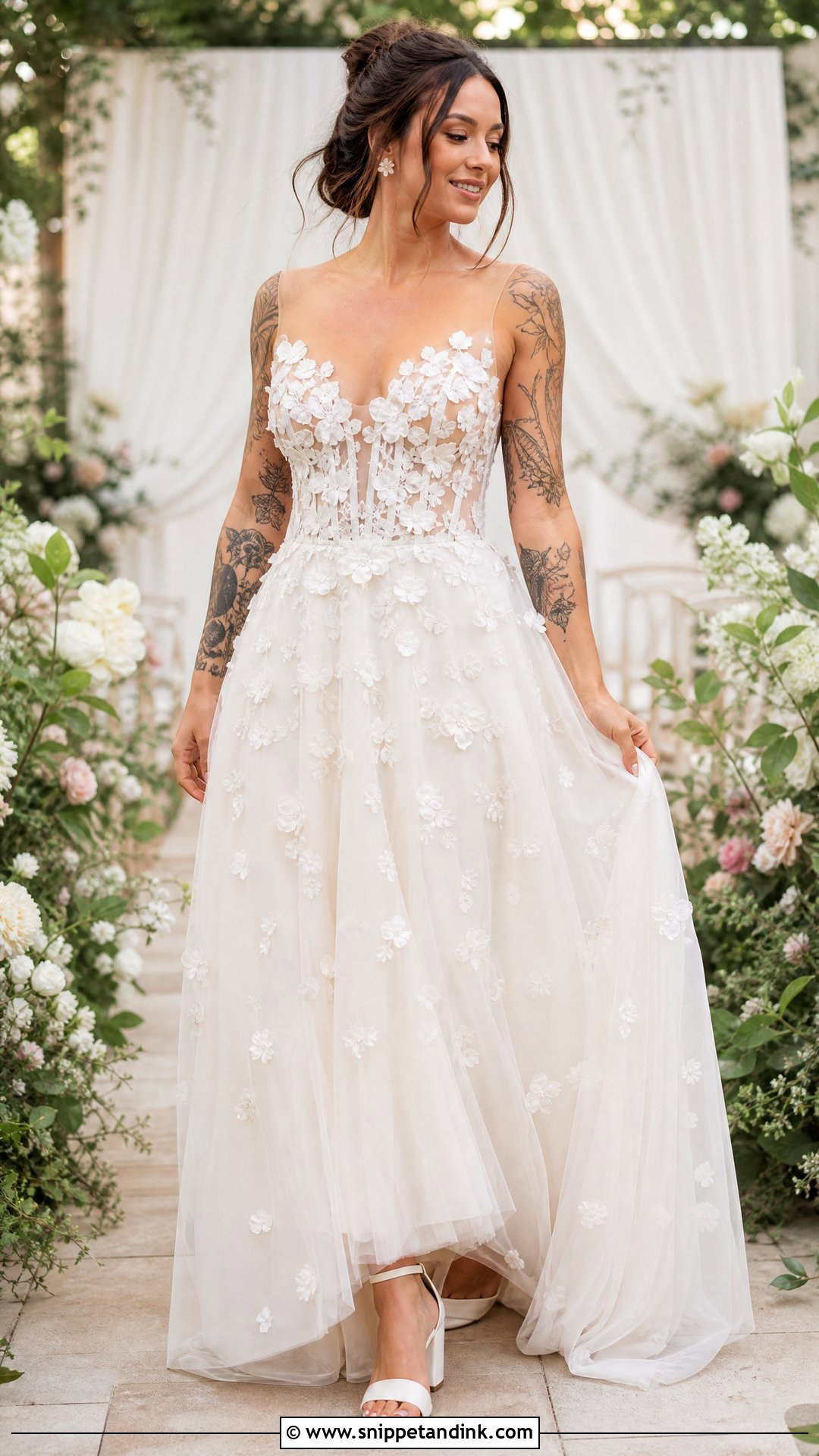 Floral Applique A Line Wedding Dress - Snippet and Ink - 20 Wedding Dresses Tattooed Women