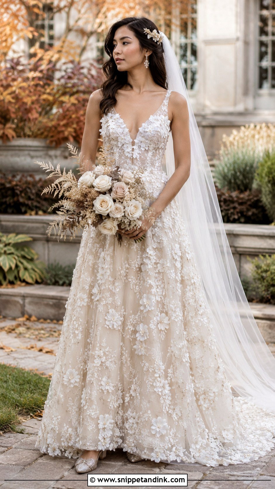 Floral Applique A Line Wedding Dress - Snippet and Ink - 20 Boho Fall Wedding Dress Ideas