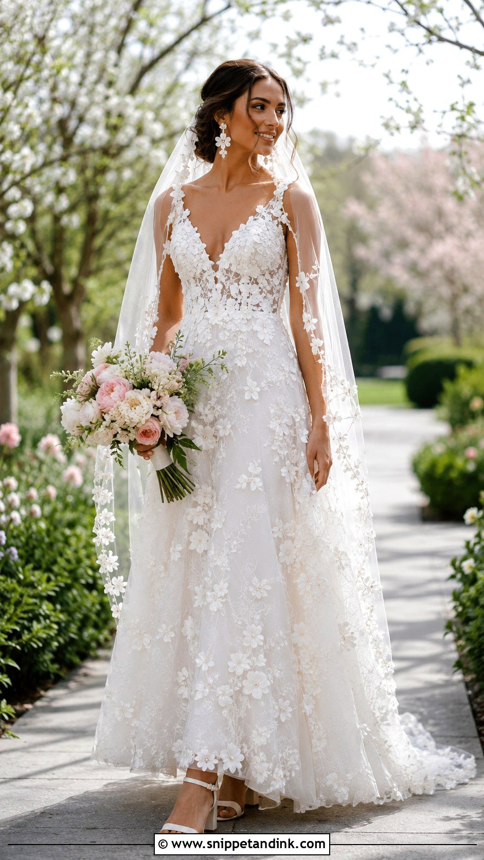 Floral Applique A Line Wedding Dress With Garden Veil - Snippet and Ink - 20 A Shape Wedding Dress Ideas
