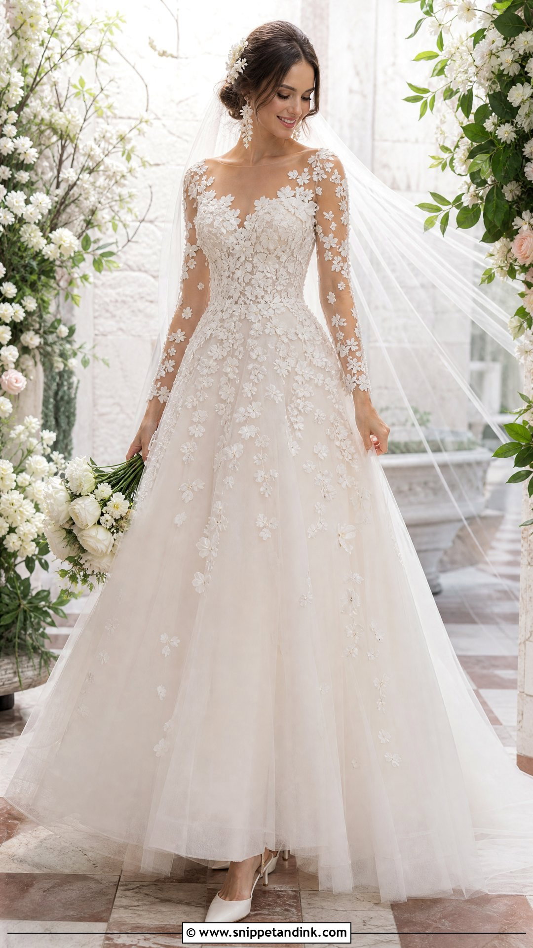 Floral Applique A Line Wedding Dress With Sleeves - Snippet and Ink - 25 Aline Wedding Dress with Sleeves