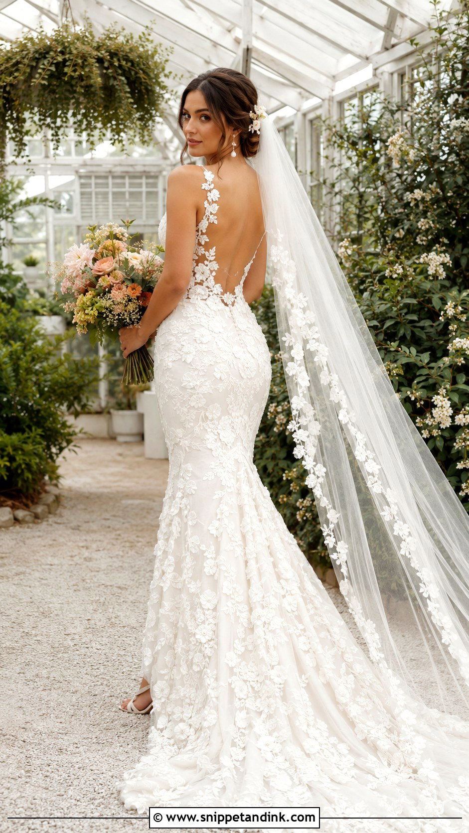 Floral Applique Backless Mermaid Wedding Dress - Snippet and Ink - 20 Backless Mermaid Wedding Dresses
